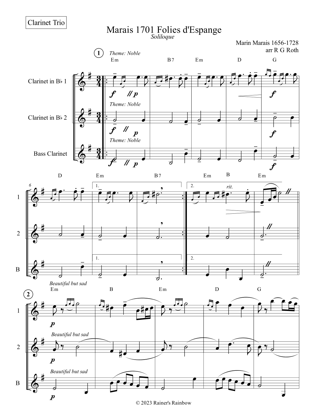 Marais 1701 Folies d'Espagne Clarinet Trio Score and Parts (arr. R G Roth)