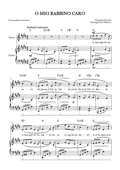 O Mio Babbino Caro | Male Voice Tenor | E Major | Piano accompaniment | Pedal | Chords (arr. Milanov)