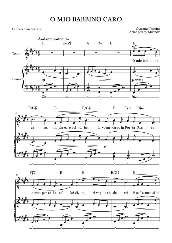 O Mio Babbino Caro | Male Voice Tenor | E Major | Piano accompaniment | Pedal | Chords (arr. Milanov)