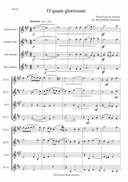 O quam gloriosum (Oh how glorious) for clarinet quartet (E flat B flat Alto and Bass) (arr. David Warin Solomons)