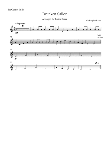 Drunken Sailor for Junior Brass Ensemble-1st Cornet Part (Bb) (arr. Christopher Evans)