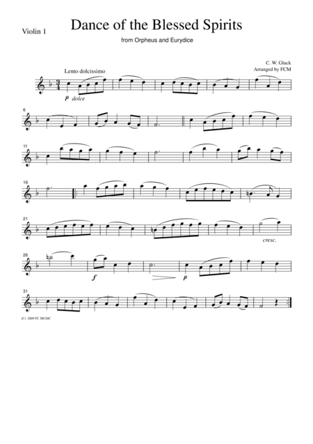 Gluck  Dance of the Blessed Spirits from Orpheus and Eurydice, for string quartet, CG301 (arr. FCMUSIC)
