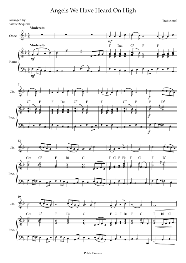 Angels We Have Heard On High - for Oboe - with piano play along (arr. Samuel Sequeira)