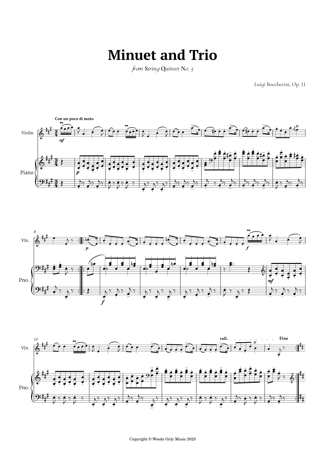 Minuet by Boccherini for Violin and Piano (arr. Ander)