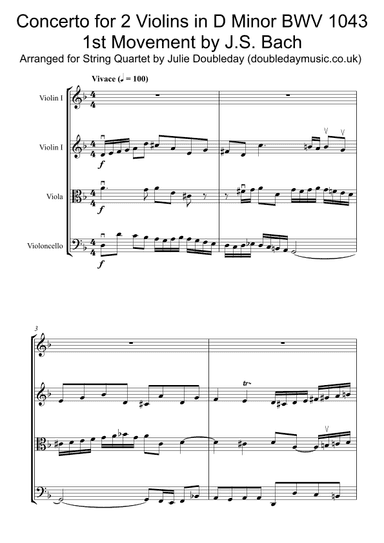 Bach: Double Violin Concerto in D Minor BWV 1043 (1st Movement) for String Quartet - Score and Parts (arr. Julie Doubleday)