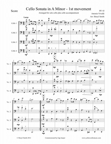 Vivaldi Cello Sonata in A Minor, all four movements, arranged for solo cello plus three cello acc (arr. Yellow Cello Music)