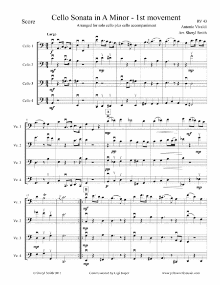Vivaldi Cello Sonata in A Minor, all four movements, arranged for solo cello plus three cello acc (arr. Yellow Cello Music)