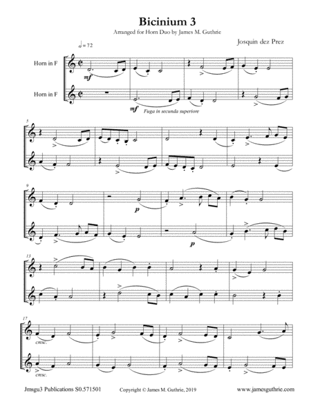 Josquin: Bicinium 3 for French Horn Duo (arr. James M. Guthrie)