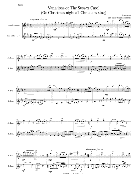 Variations on the Sussex Carol (On Christmas night all Christians sing) for alto and tenor recorders (arr. David Warin Solomons)