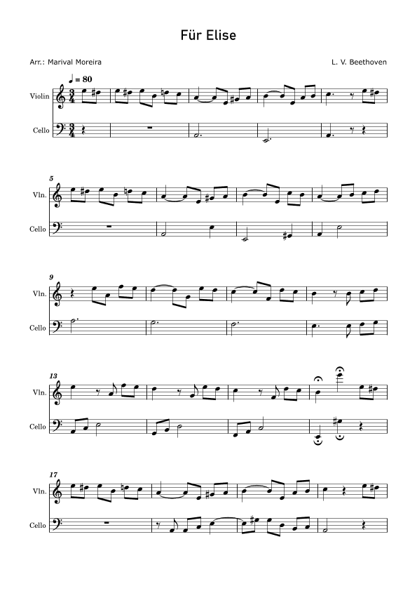 Fur Elise - Beethoven Violin and Cello v2 (arr. Marival Moreira)