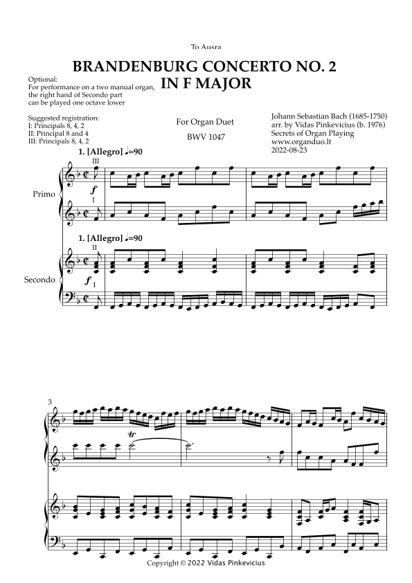 Brandenburg Concerto No. 2 in F Major, BWV 1047 (Organ Duet) (arr. Vidas Pinkevicius)