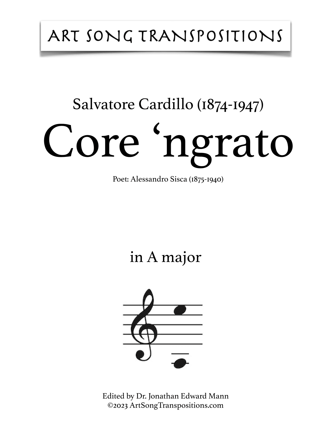 CARDILLO: Core 'ngrato (transposed to A major) (arr. ArtSongTranspositions.com)