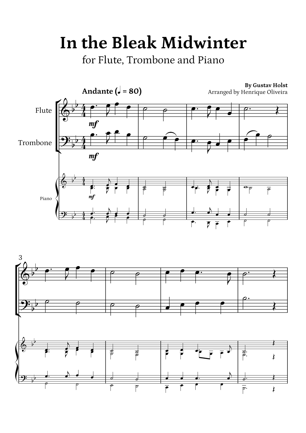 In the Bleak Midwinter (Flute, Trombone and Piano) - Beginner Level (arr. Henrique Oliveira)
