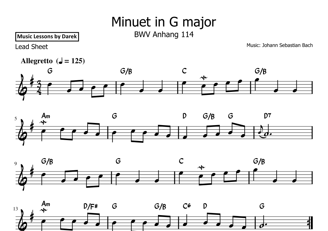 Minuet in G major (LEAD SHEET) BWV Anhang 114 [Johann Sebastian Bach] (arr. Darek)