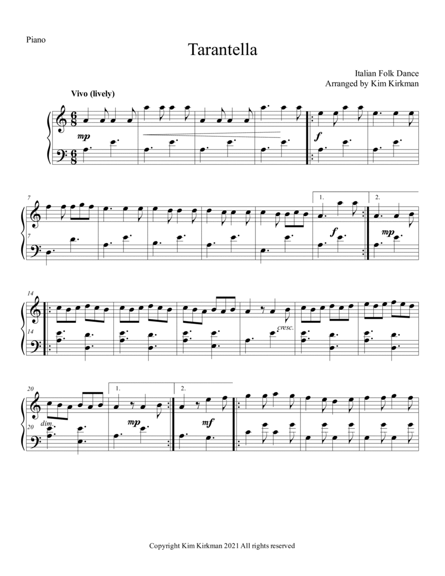 Tarantella Napoletana Italian Folk Dance for piano no black notes required (arr. Kim Kirkman)