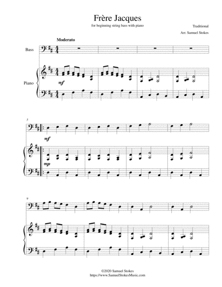 Frère Jacques (Are You Sleeping?) - for beginning string bass with optional piano accompaniment (arr. Samuel Stokes)