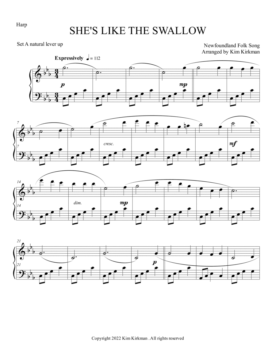 She's Like the Swallow - eerie folk song - for solo harp - good singing key - C minor (arr. Kim Kirkman)