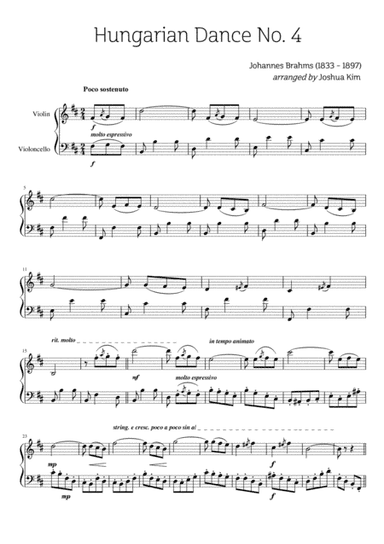 Hungarian Dance No. 4 for Violin & Cello Duet (arr. Joshua S. Kim)