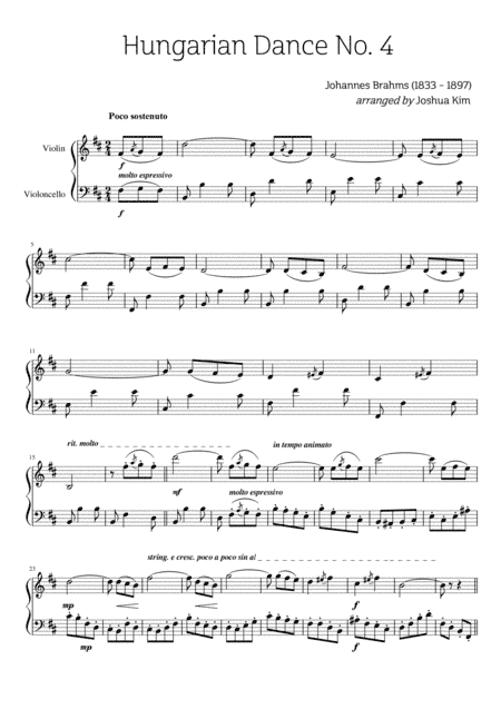Hungarian Dance No. 4 for Violin & Cello Duet (arr. Joshua S. Kim)