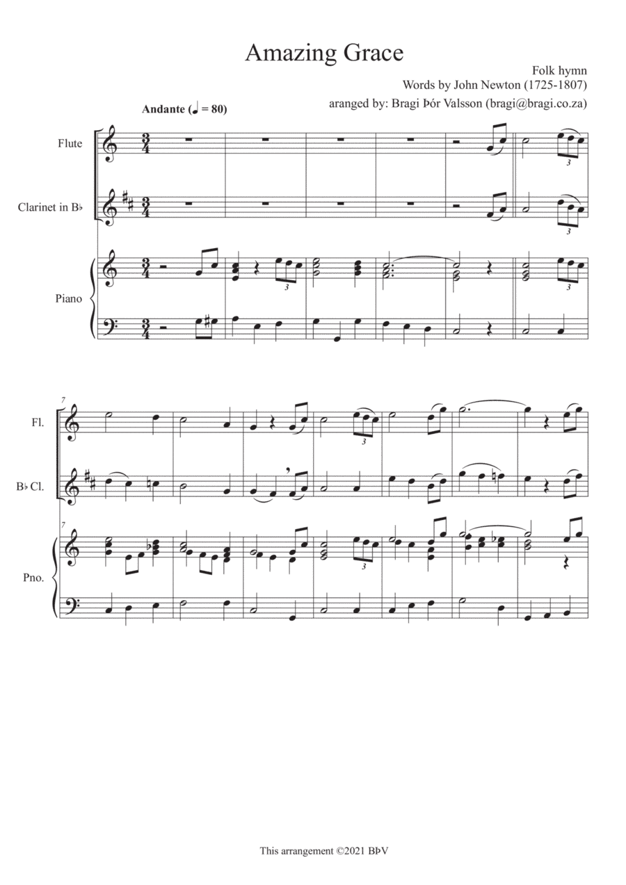 Amazing Grace - Duet for flute and clarinet with piano accompaniment (arr. Bragi Thor Valsson)