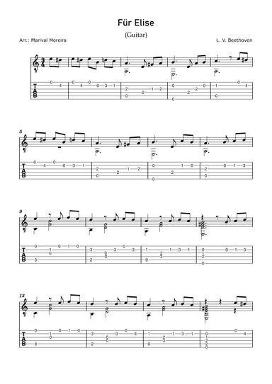 Fur Elise - Beethoven (Guitar Solo) Score and Tabs (arr. Marival Moreira)