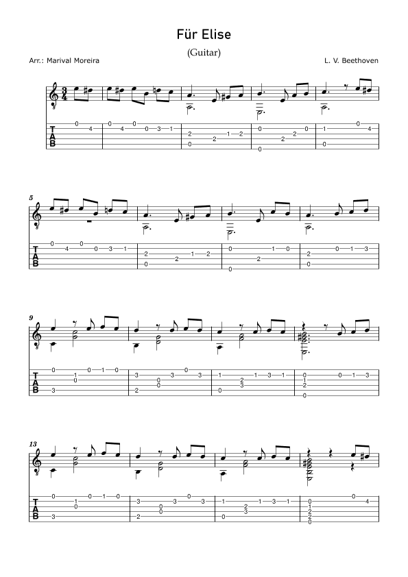 Fur Elise - Beethoven (Guitar Solo) Score and Tabs (arr. Marival Moreira)