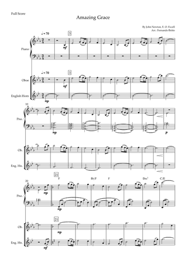Amazing Grace for Oboe & English Horn Duo and Piano Accompaniment with Chords (arr. Fernando Britto)