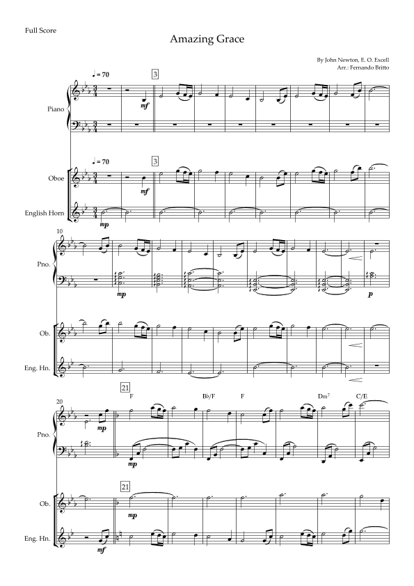 Amazing Grace for Oboe & English Horn Duo and Piano Accompaniment with Chords (arr. Fernando Britto)