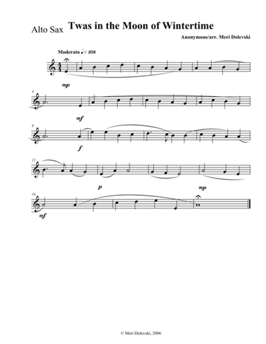 Twas in the moon of Wintertime: E flat saxes (alto/baritone)/piano (arr. Meri Dolevski)