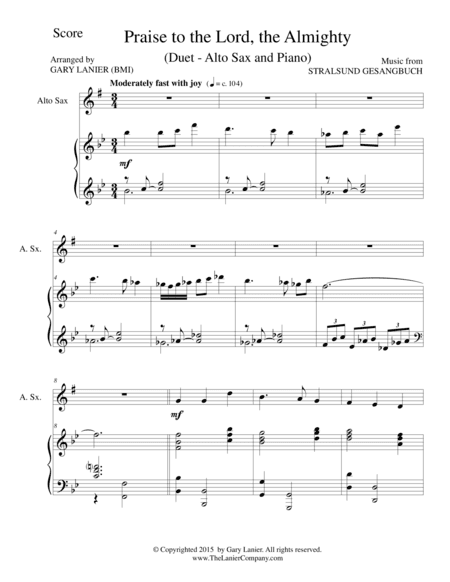PRAISE TO THE LORD, THE ALMIGHTY (Duet – Alto Sax and Piano/Score and Parts) (arr. Gary Lanier)