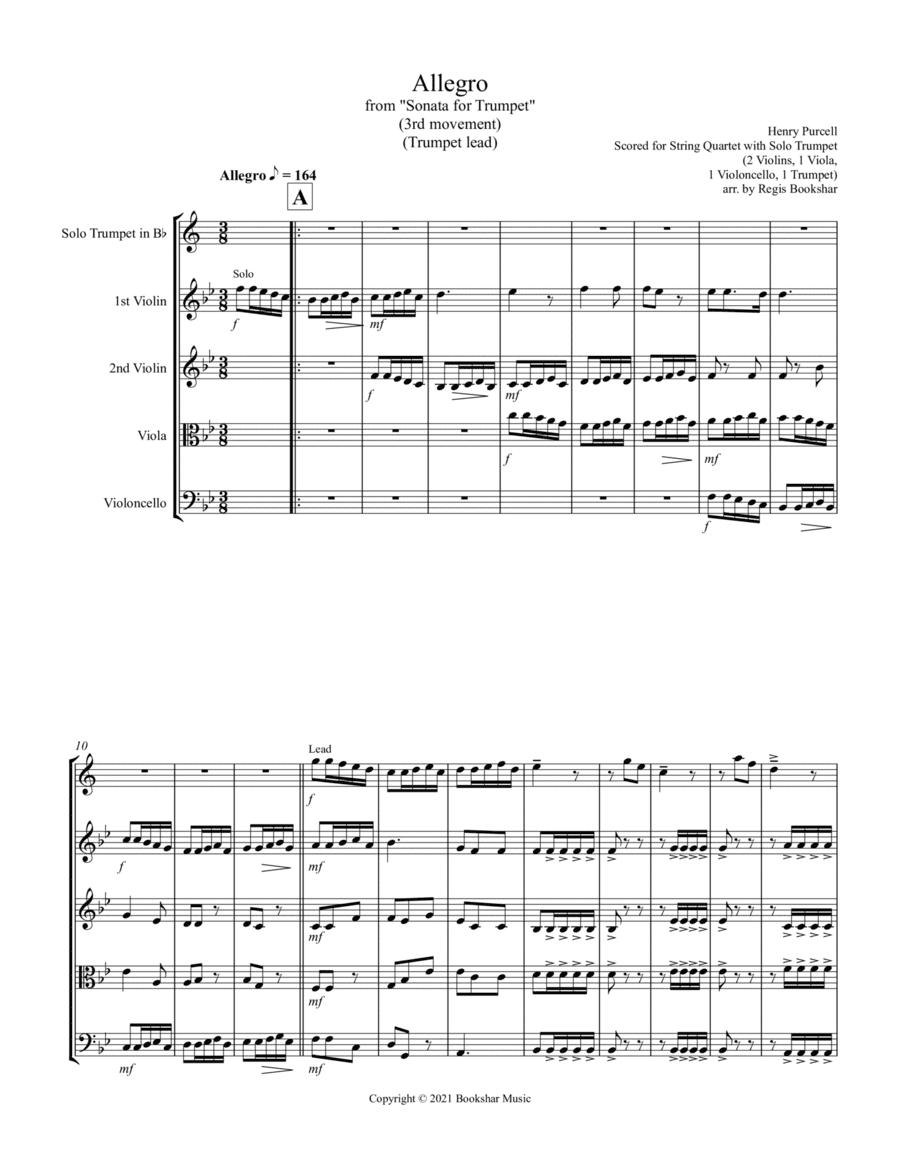 Allegro (from "Sonata for Trumpet") (Bb) (String Quartet - 2 Violins, 1 Viola, 1 Cello with Trumpet (arr. Regis Bookshar)