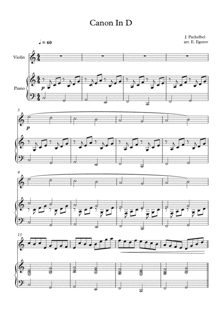 Canon In D, Johann Pachelbel, For Violin & Piano