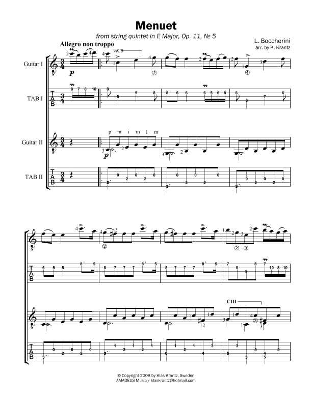 Menuet by Boccherini for easy guitar duet (TAB, abridged) (arr. K. Krantz)