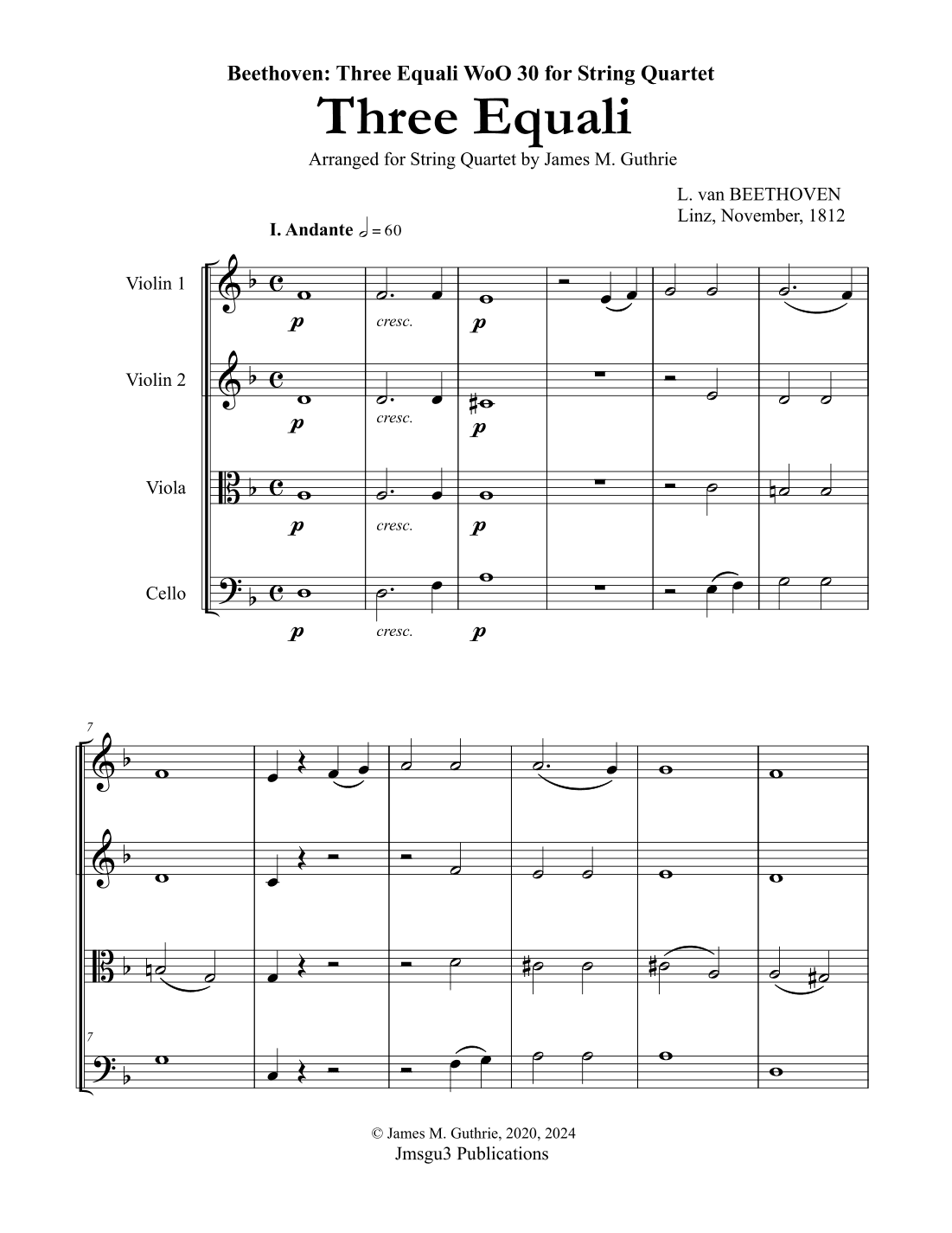 Beethoven: Three Equali WoO 30 for String Quartet (arr. James Guthrie, ASCAP)