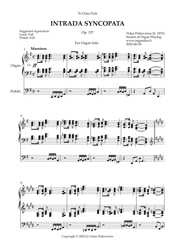 Intrada Syncopata, Op. 137 (Organ Solo) by Vidas Pinkevicius (2022)