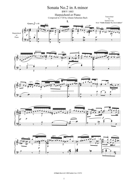 Bach - Sonata No.2 in A minor BWV 1003 for Harpsichord or Piano (arr. Santino Cara)