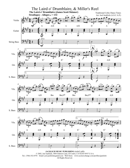 The Laird o' Drumblaire, & Miller's Reel (for Violin, Guitar, and String Bass) (arr. Joel Jacklich (ASCAP))