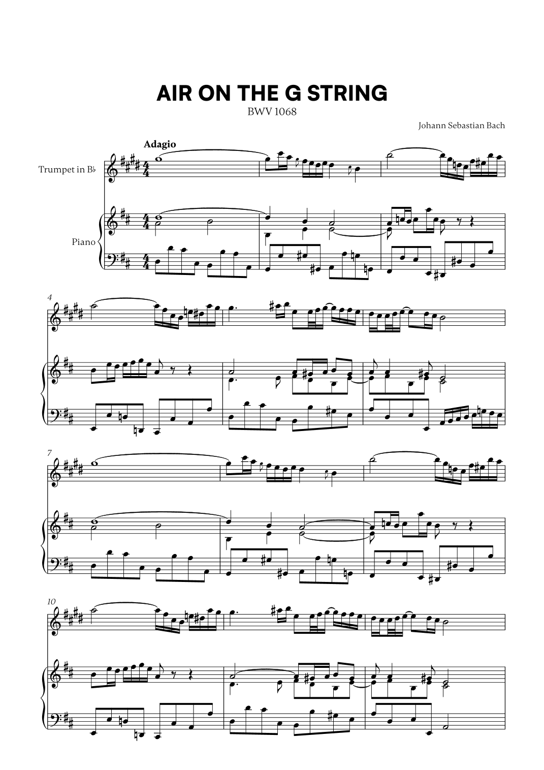 Johann Sebastian Bach - Air on the G String (for Trumpet in Bb and Piano) (arr. Cadenza Editions)