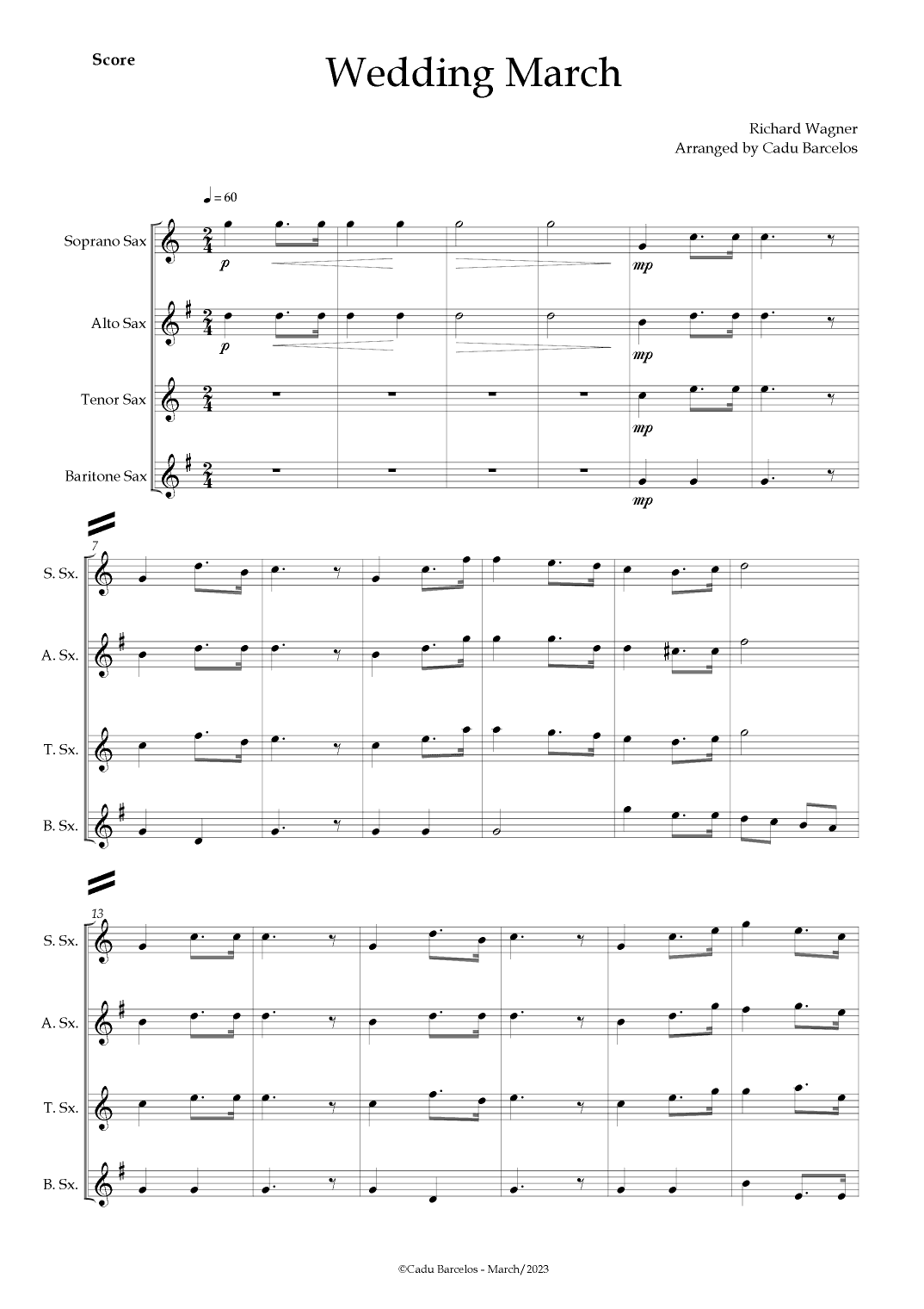 Wedding March (Wagner) Saxophone Quartet (arr. Cadu Barcelos)