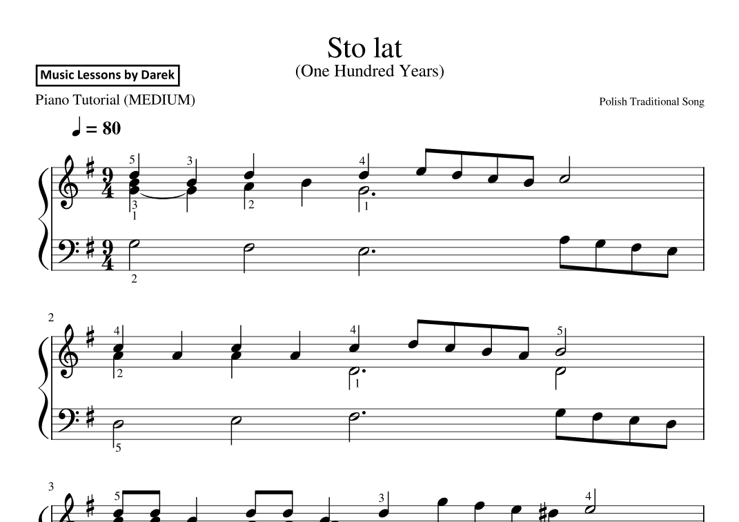 Sto lat (One Hundred Years), Polish Traditional Song [MEDIUM PIANO] (arr. Darek)