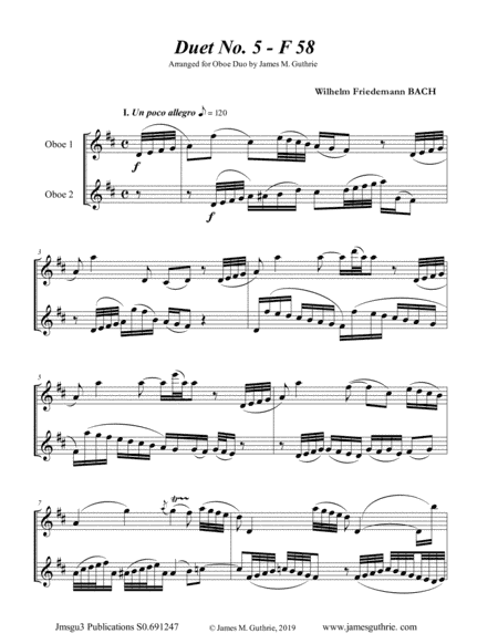 WF Bach: Duet No. 5 for Oboe Duo (arr. James M. Guthrie, ASCAP)