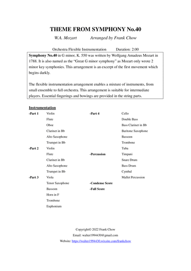 Theme from Symphony No.40 (Orchestra/ Concert Band Flexible Instrumentation) (arr. Frank Chow)