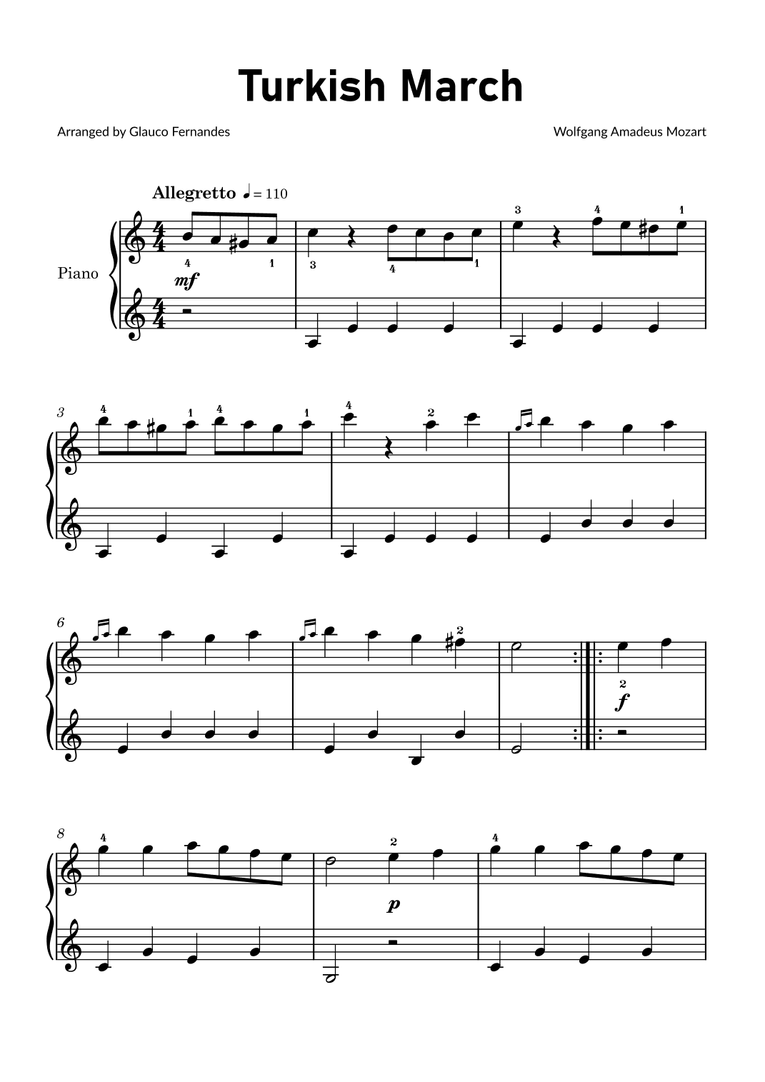 Turkish March by Mozart - Easy Piano (arr. Glauco Fernandes)