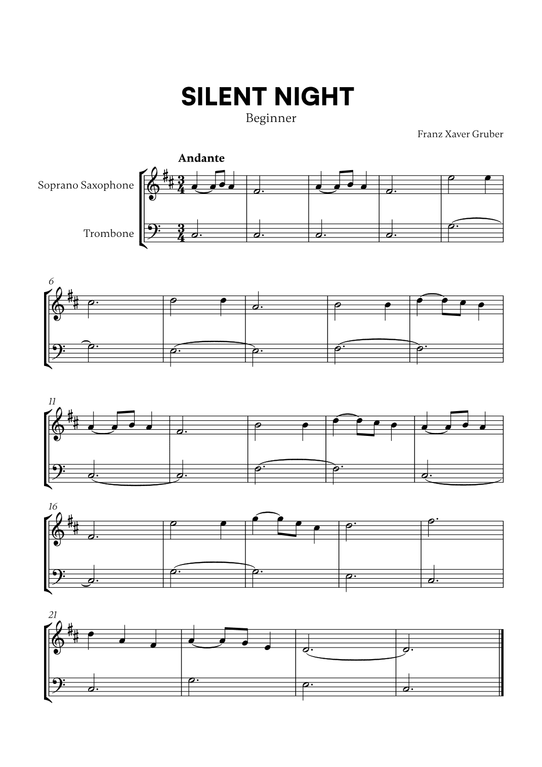 Silent Night (Beginner) (for Soprano Saxophone and Trombone) (arr. Cadenza Editions)
