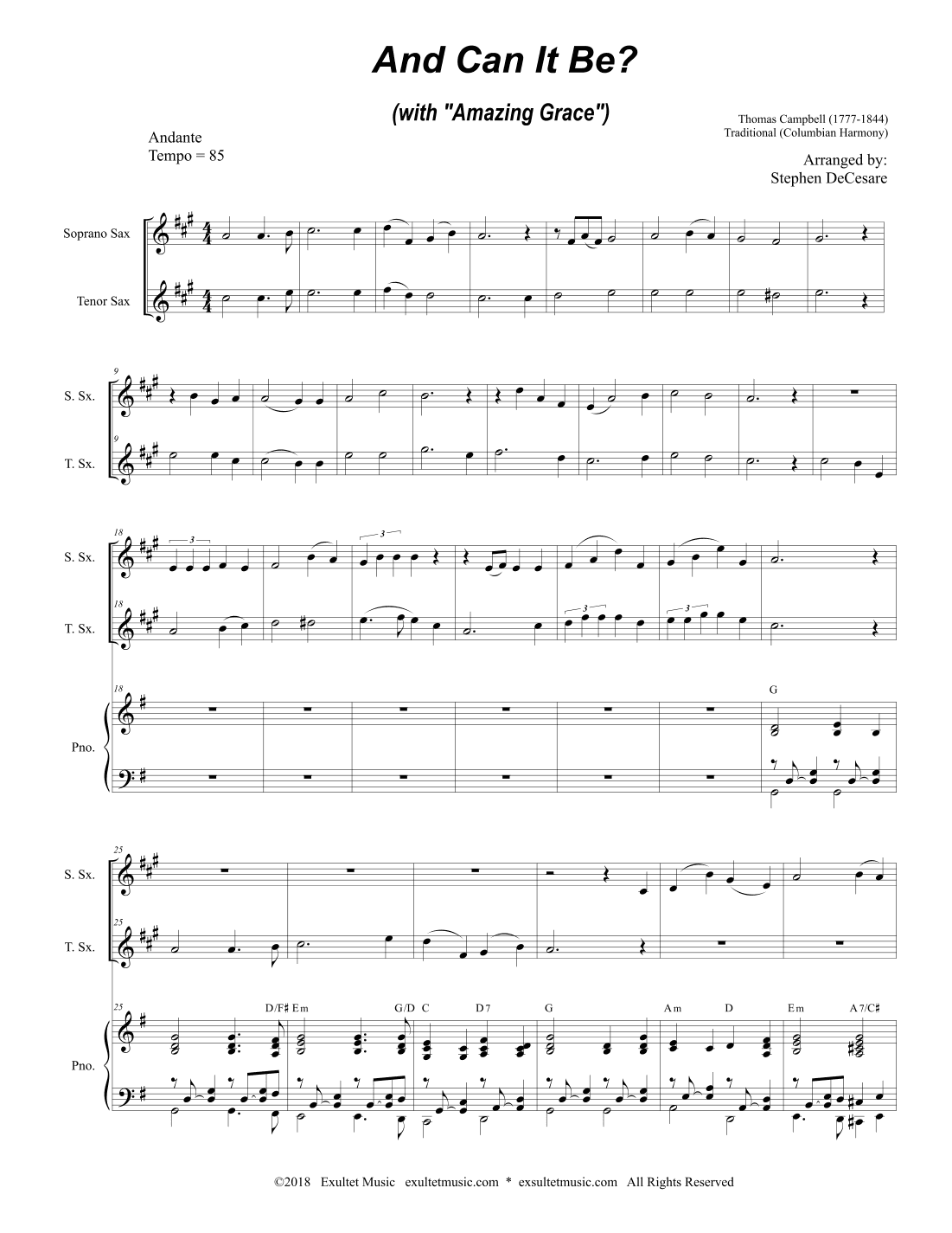 And Can It Be? (with "Amazing Grace") (Duet for Soprano and Tenor Saxophone) (arr. Stephen DeCesare)