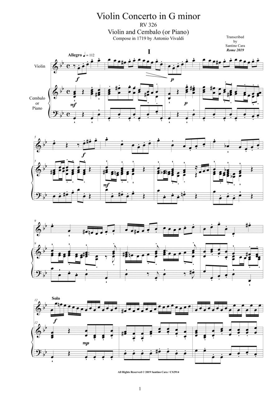 Vivaldi - Violin Concerto in G minor RV 326 for Violin and Cembalo or Piano (arr. Santino Cara)