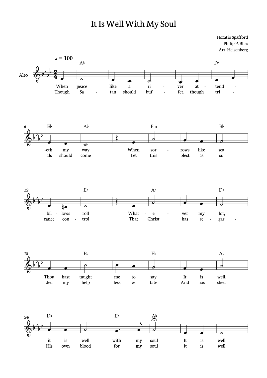 It Is Well With My Soul - Alto in Ab with lyrics and chords (arr. Heisenberg)