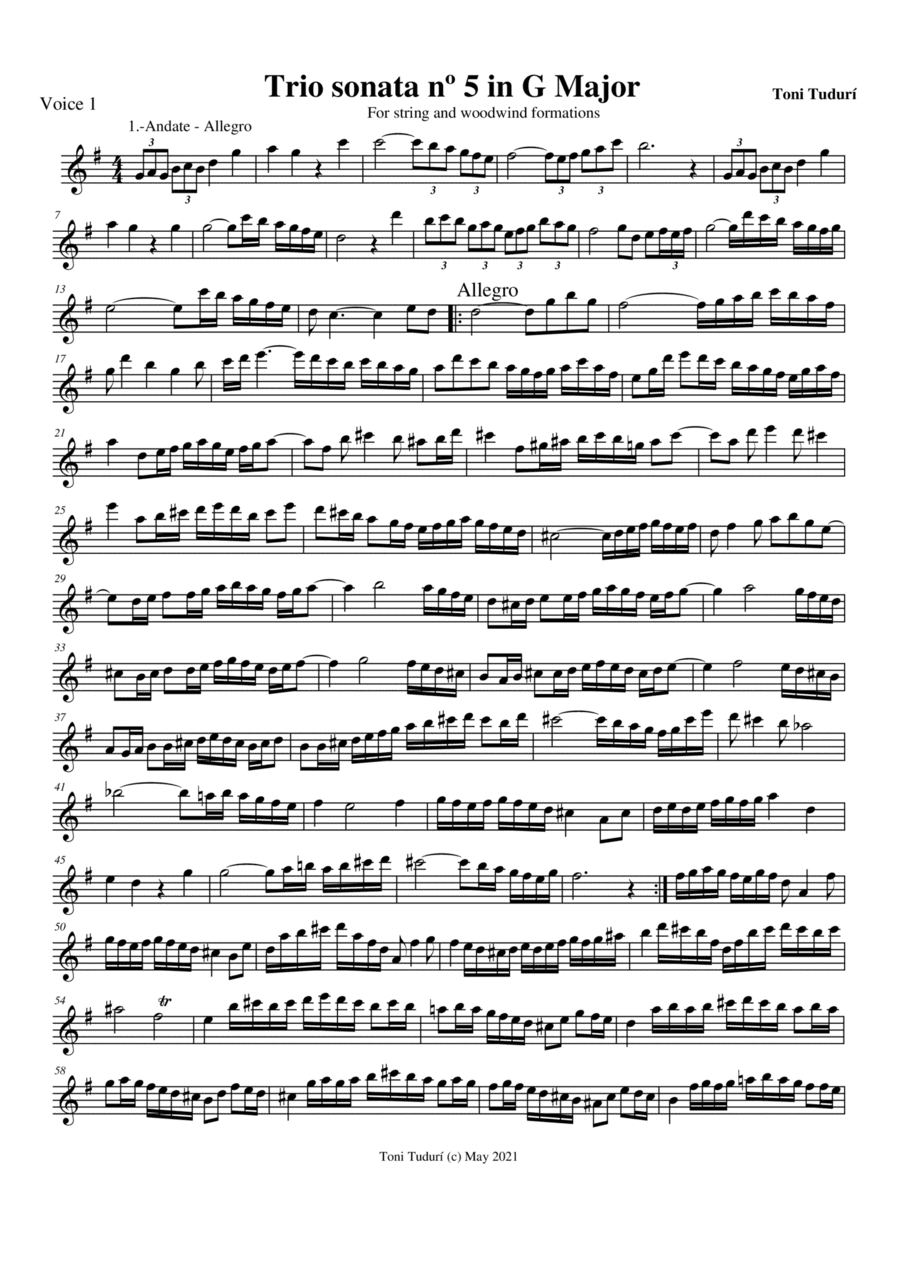 Trio sonata nº5 in G Major for flute, violin & cello or 2 violins & cello and basso continuo (PARTS