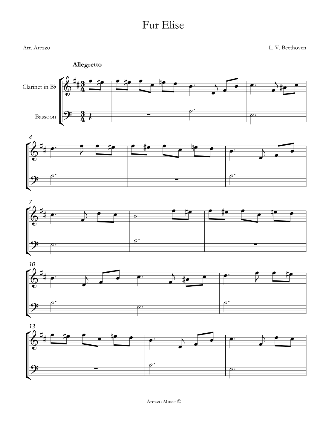 beethoven fur elise Clarinet and Bassoon sheet music (arr. Arezzo Music)