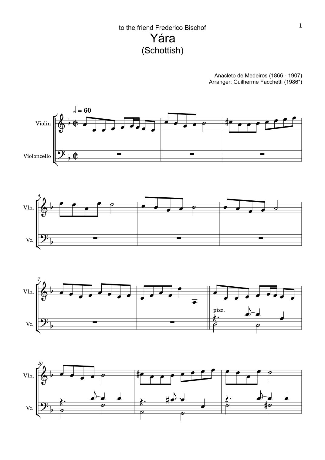 Anacleto de Medeiros - Yára. Arrangement for Violin and Cello. Complete Score and Separated Parts (arr. Guilherme Facchetti)